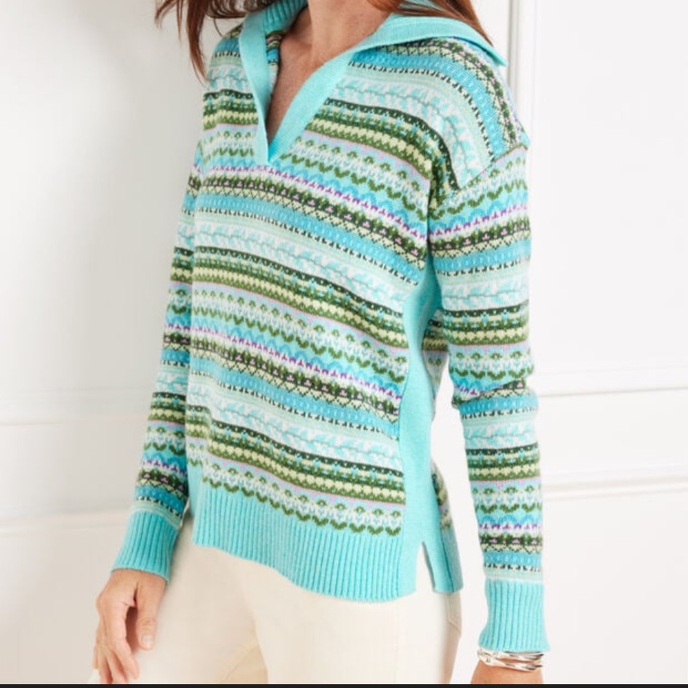 Talbots Johnny Collar Sweater - Fireside Fair Isle split neck sweater M